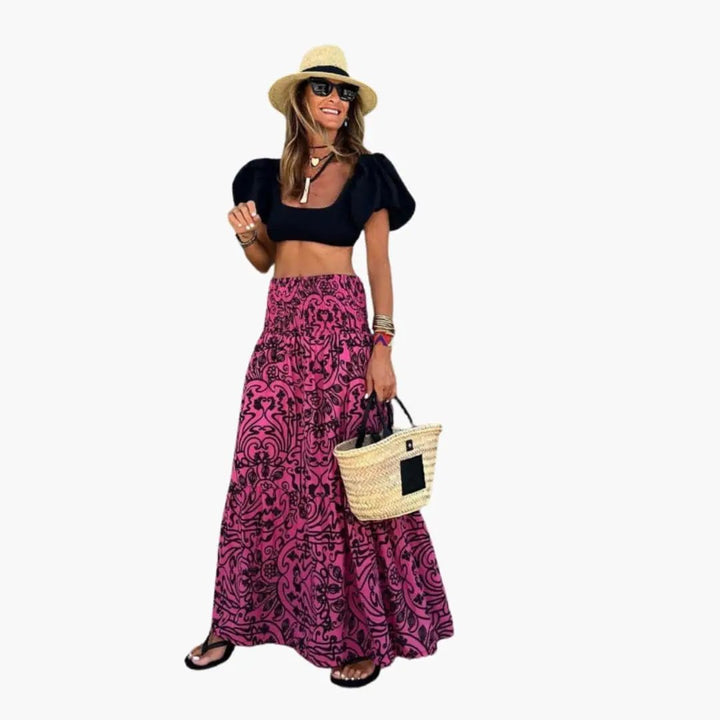 Women's Maxi Skirt with Elastic Waistband and Floral Print