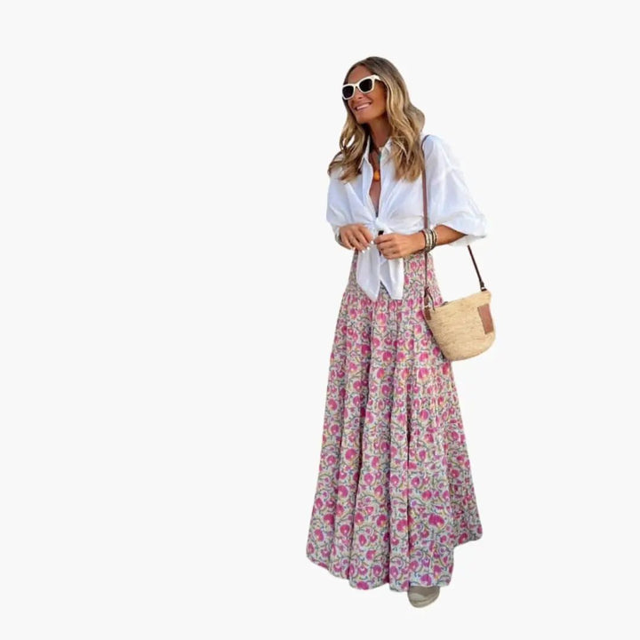 Women's Maxi Skirt with Elastic Waistband and Floral Print
