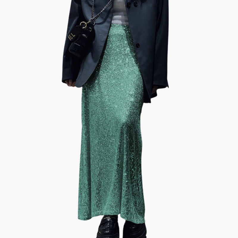 Women's Maxi Skirt with High Waist and Sequin Surface