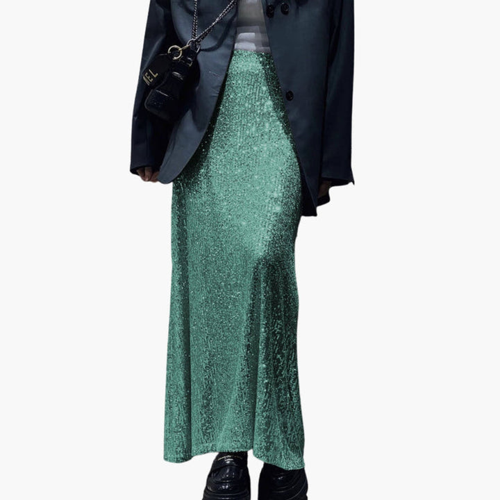 Women's Maxi Skirt with High Waist and Sequin Surface
