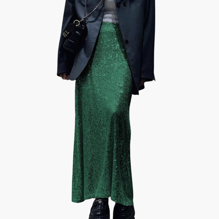 Women's Maxi Skirt with High Waist and Sequin Surface