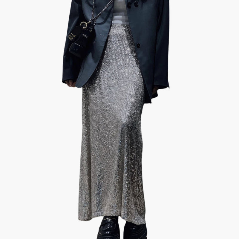 Women's Maxi Skirt with High Waist and Sequin Surface