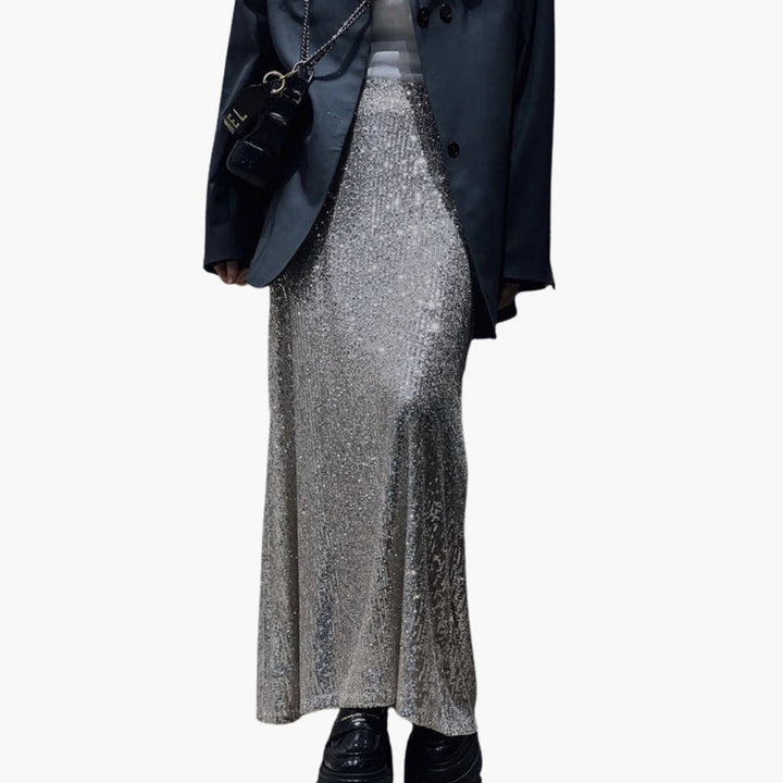 Women's Maxi Skirt with High Waist and Sequin Surface