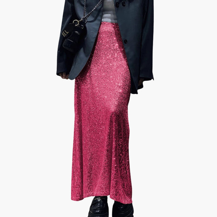 Women's Maxi Skirt with High Waist and Sequin Surface
