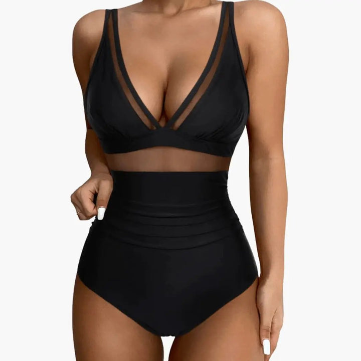 Women’s Mesh Panel One-Piece Swimsuit with High-Cut Leg