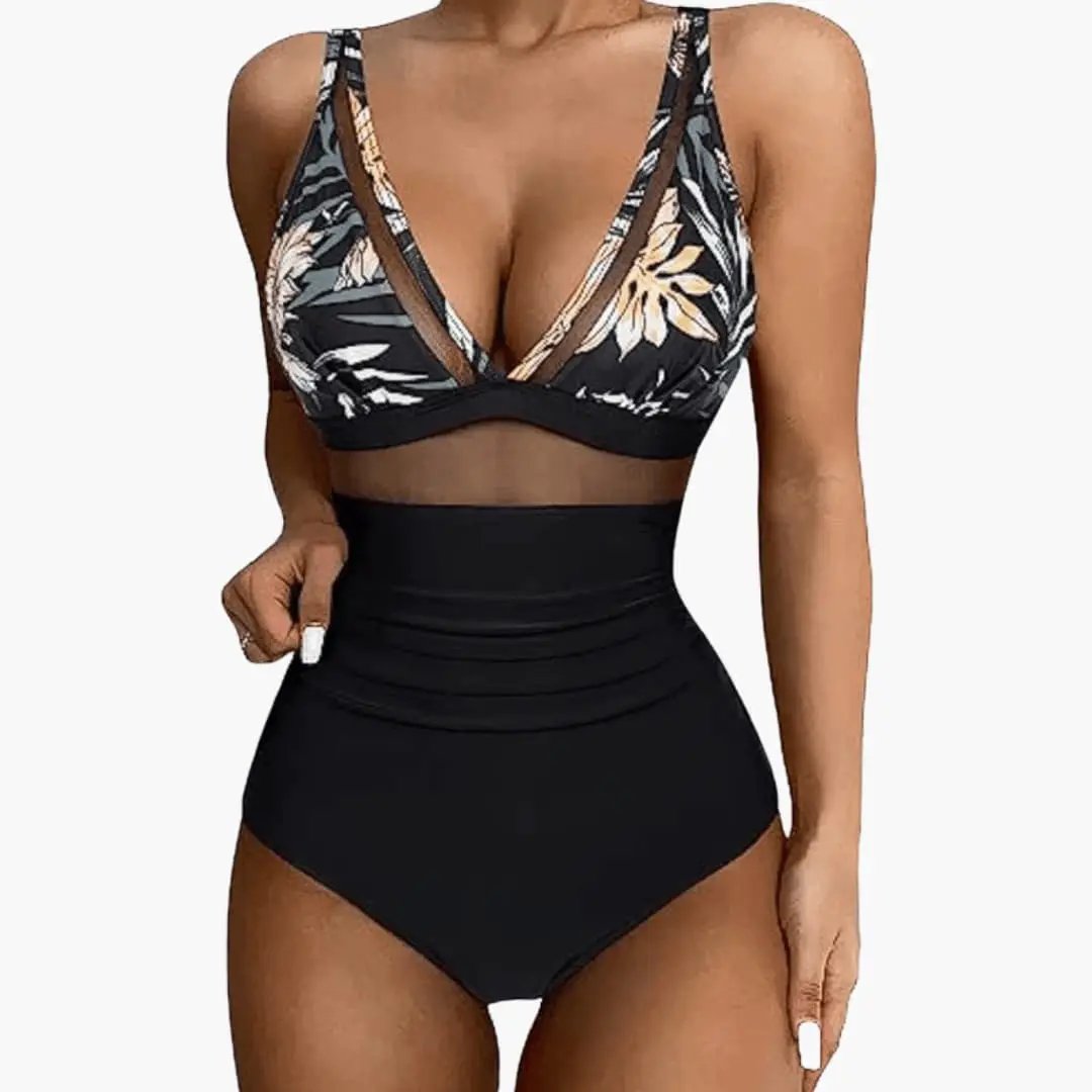 Women’s Mesh Panel One-Piece Swimsuit with High-Cut Leg