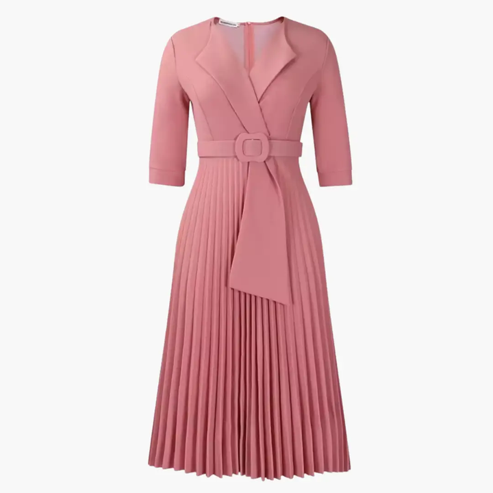 Women's Midi Dress with Belted Waist and Pleated Skirt