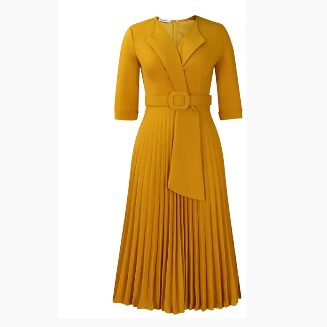Women's Midi Dress with Belted Waist and Pleated Skirt