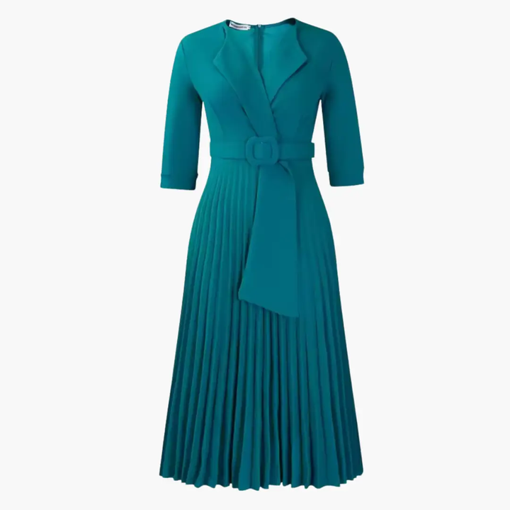 Women's Midi Dress with Belted Waist and Pleated Skirt
