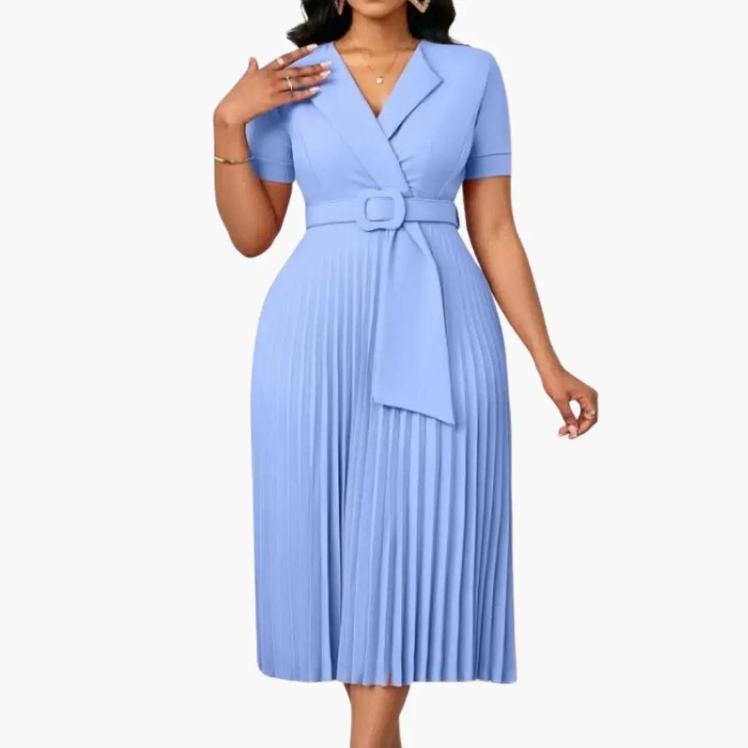Women's Midi Dress with Belted Waist and Pleated Skirt