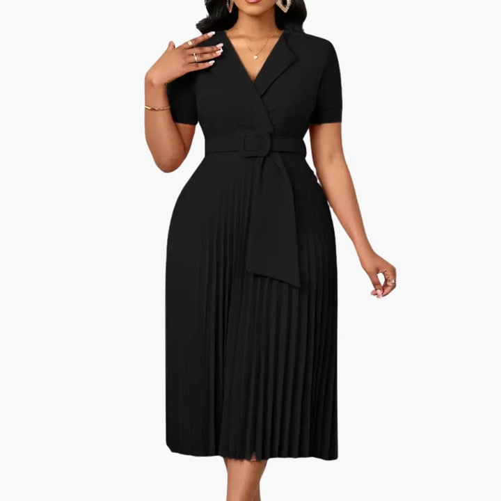 Women's Midi Dress with Belted Waist and Pleated Skirt