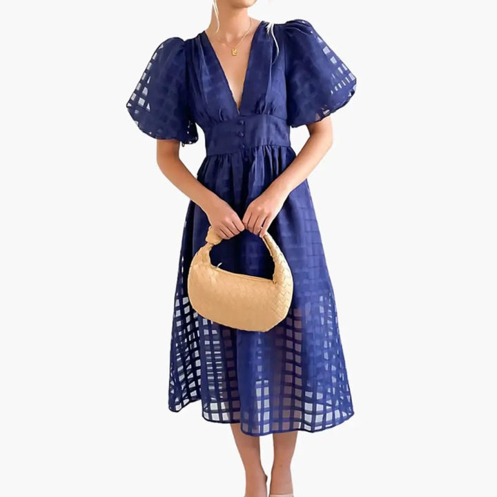 Women’s Midi Dress with Defined Waist and Plain Woven Finish
