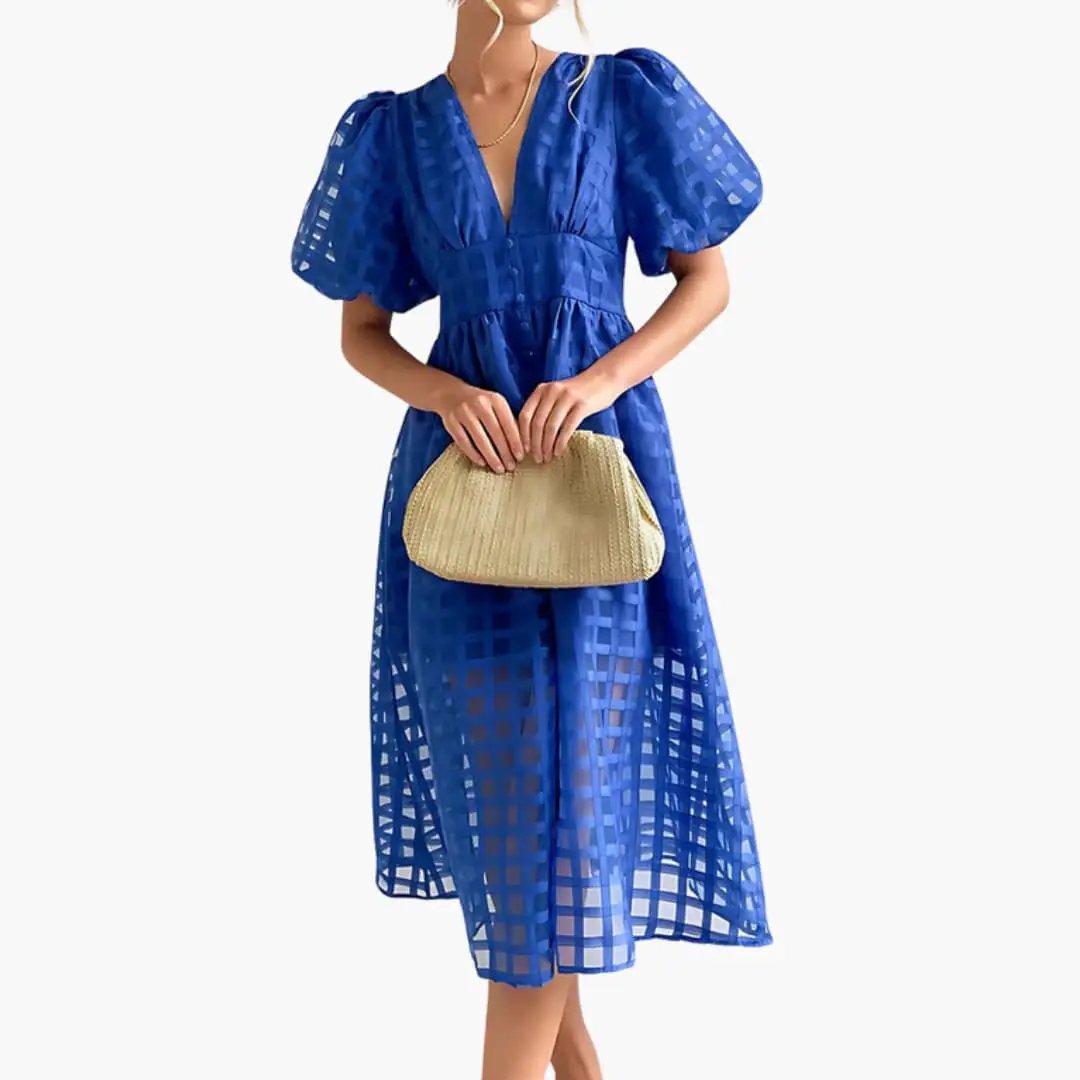 Women’s Midi Dress with Defined Waist and Plain Woven Finish