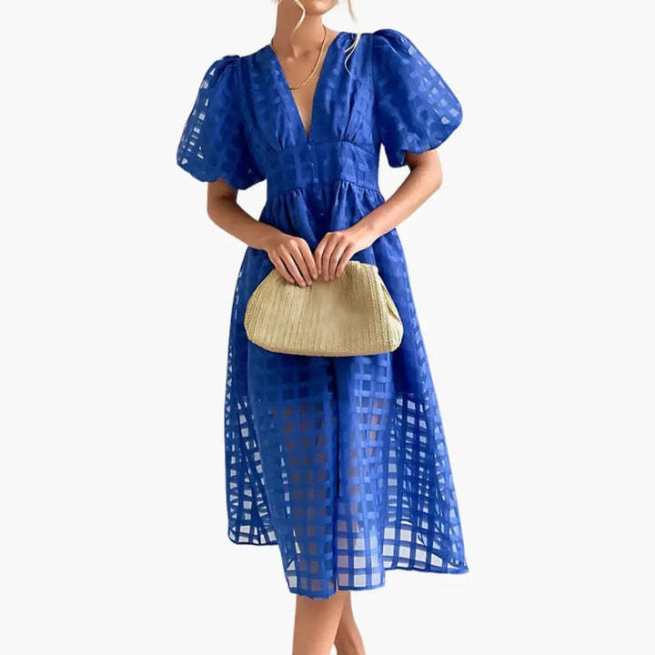 Women’s Midi Dress with Defined Waist and Plain Woven Finish