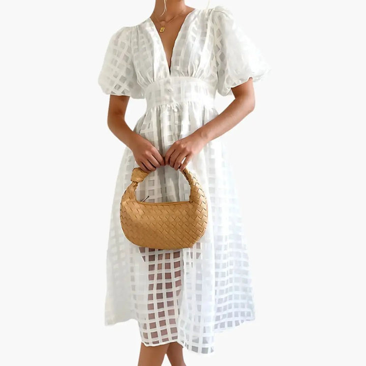 Women’s Midi Dress with Defined Waist and Plain Woven Finish
