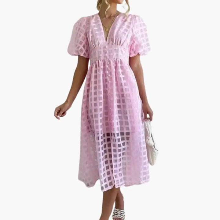 Women’s Midi Dress with Defined Waist and Plain Woven Finish