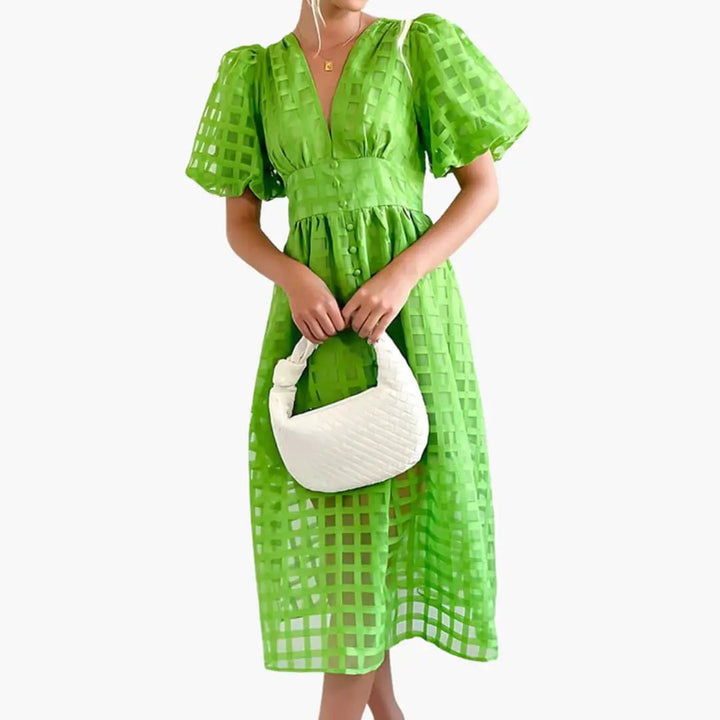 Women’s Midi Dress with Defined Waist and Plain Woven Finish
