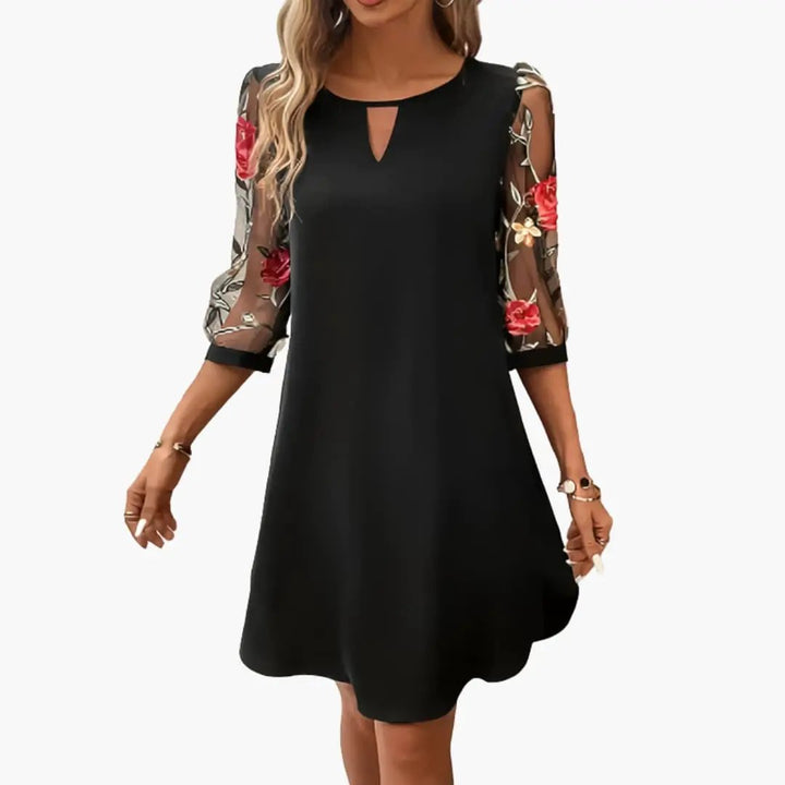 Women’s Midi Dress with Keyhole Neckline and Floral Long Sleeves