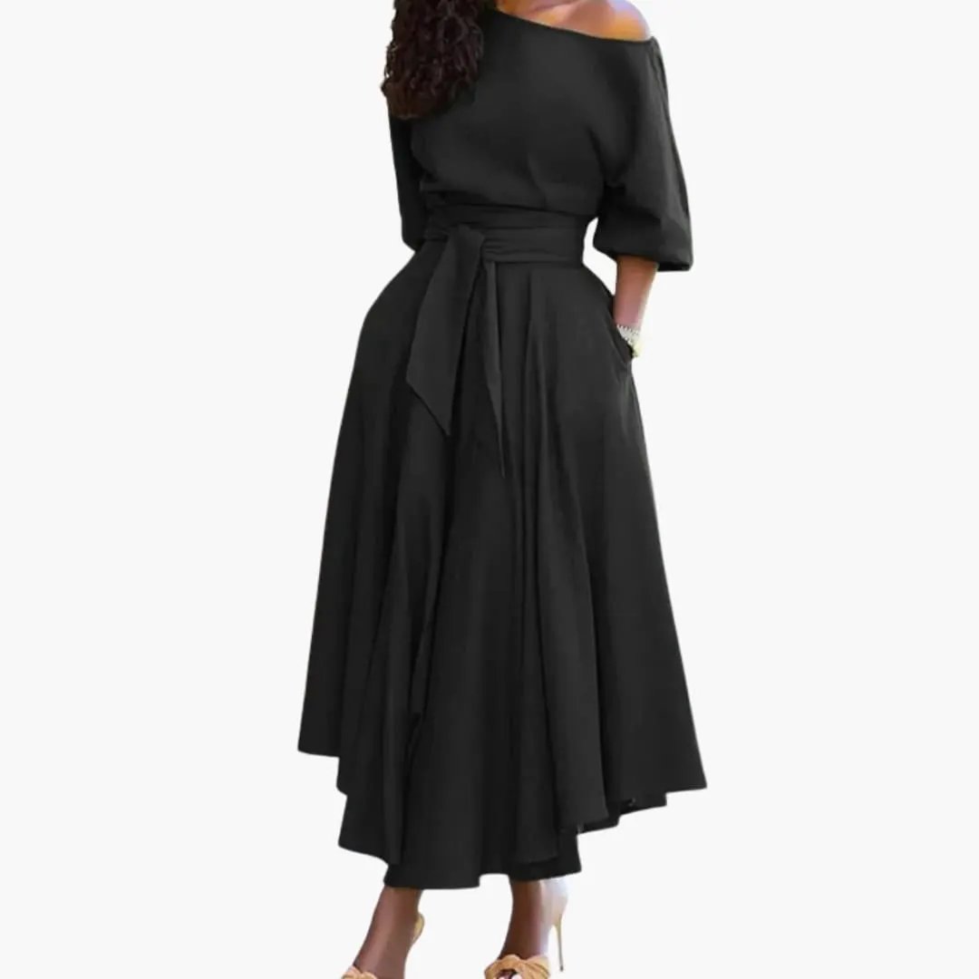 Women’s Midi Dress with Off-the-Shoulder Neckline and Lantern Sleeves