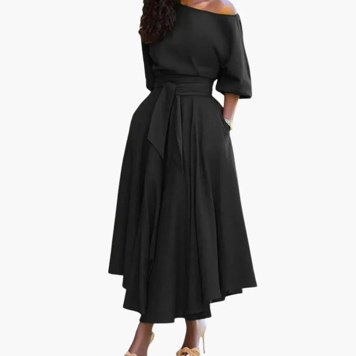 Women’s Midi Dress with Off-the-Shoulder Neckline and Lantern Sleeves