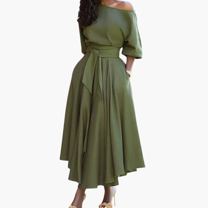 Women’s Midi Dress with Off-the-Shoulder Neckline and Lantern Sleeves