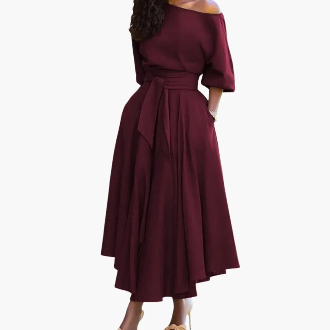 Women’s Midi Dress with Off-the-Shoulder Neckline and Lantern Sleeves