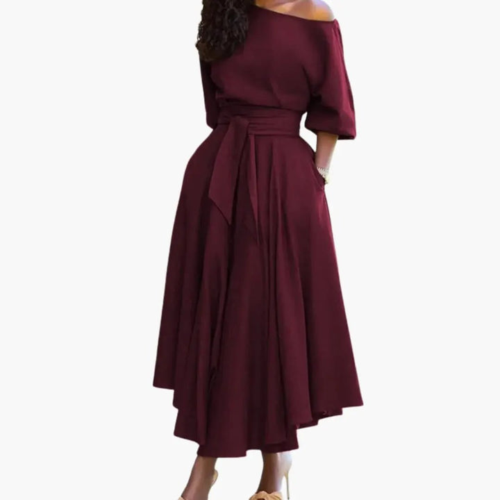 Women’s Midi Dress with Off-the-Shoulder Neckline and Lantern Sleeves