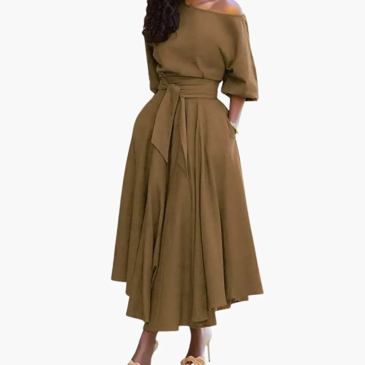 Women’s Midi Dress with Off-the-Shoulder Neckline and Lantern Sleeves