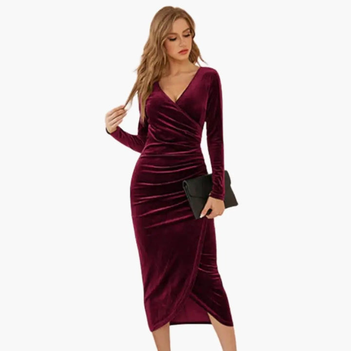 Women’s Midi Dress with Round Neck and Draped Skirt