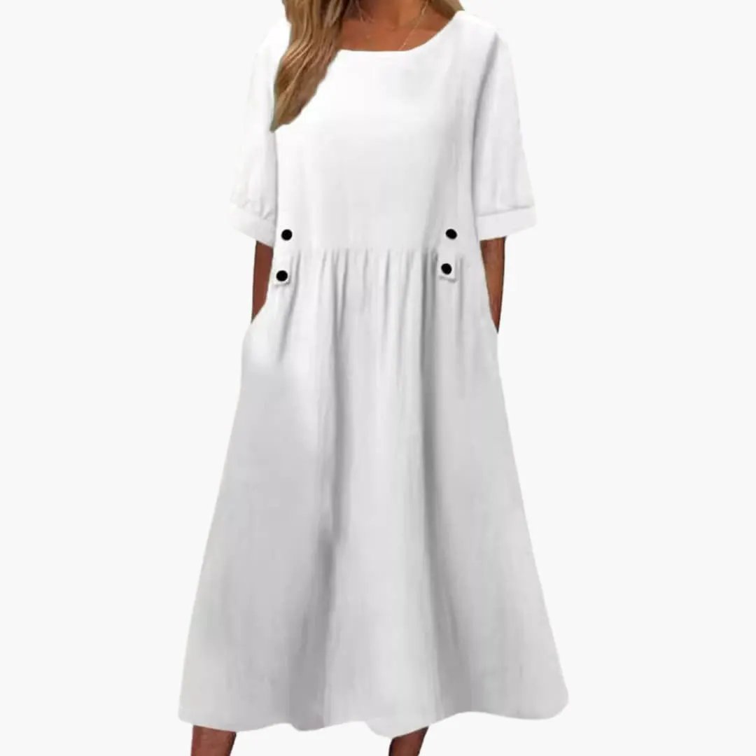 Women's Midi Dress with Round Neck and Loose Fit