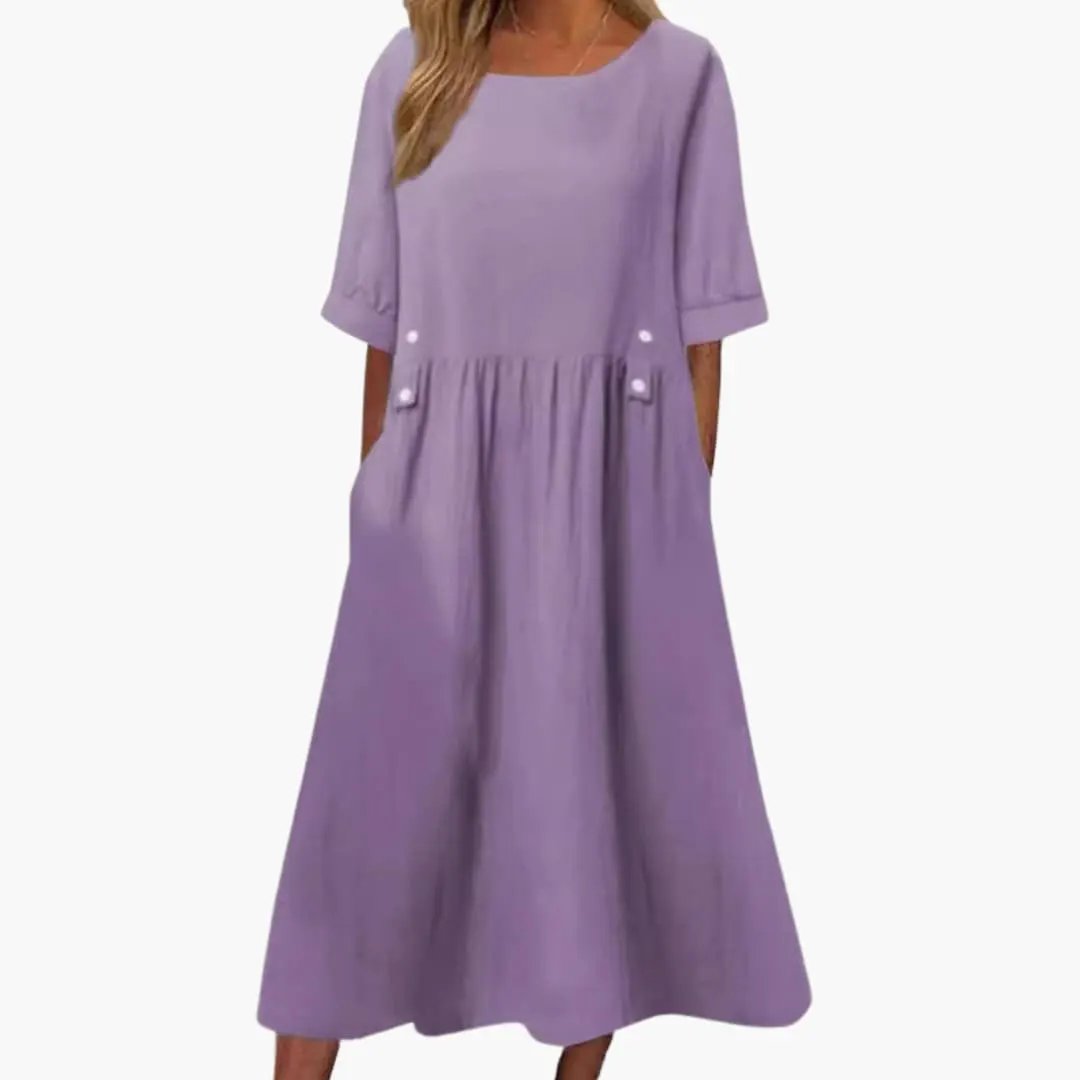 Women's Midi Dress with Round Neck and Loose Fit