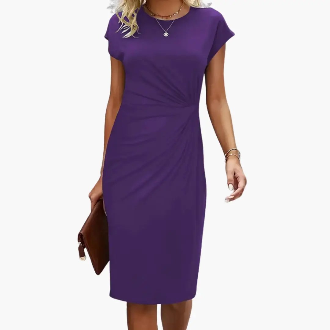 Women’s Midi Dress with Round Neckline and Waist Seam