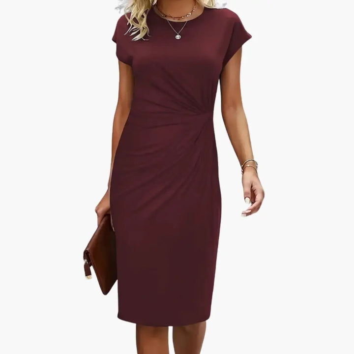 Women’s Midi Dress with Round Neckline and Waist Seam