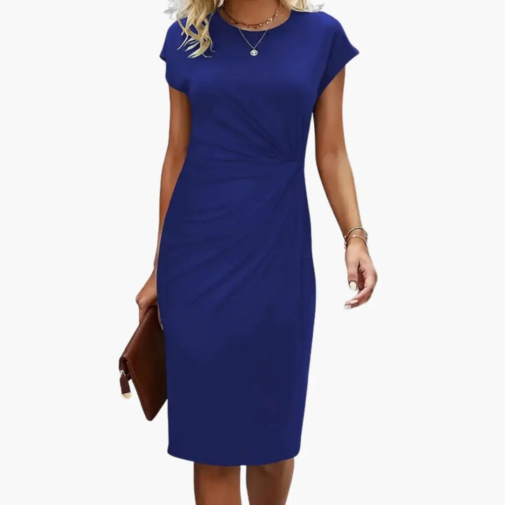 Women’s Midi Dress with Round Neckline and Waist Seam
