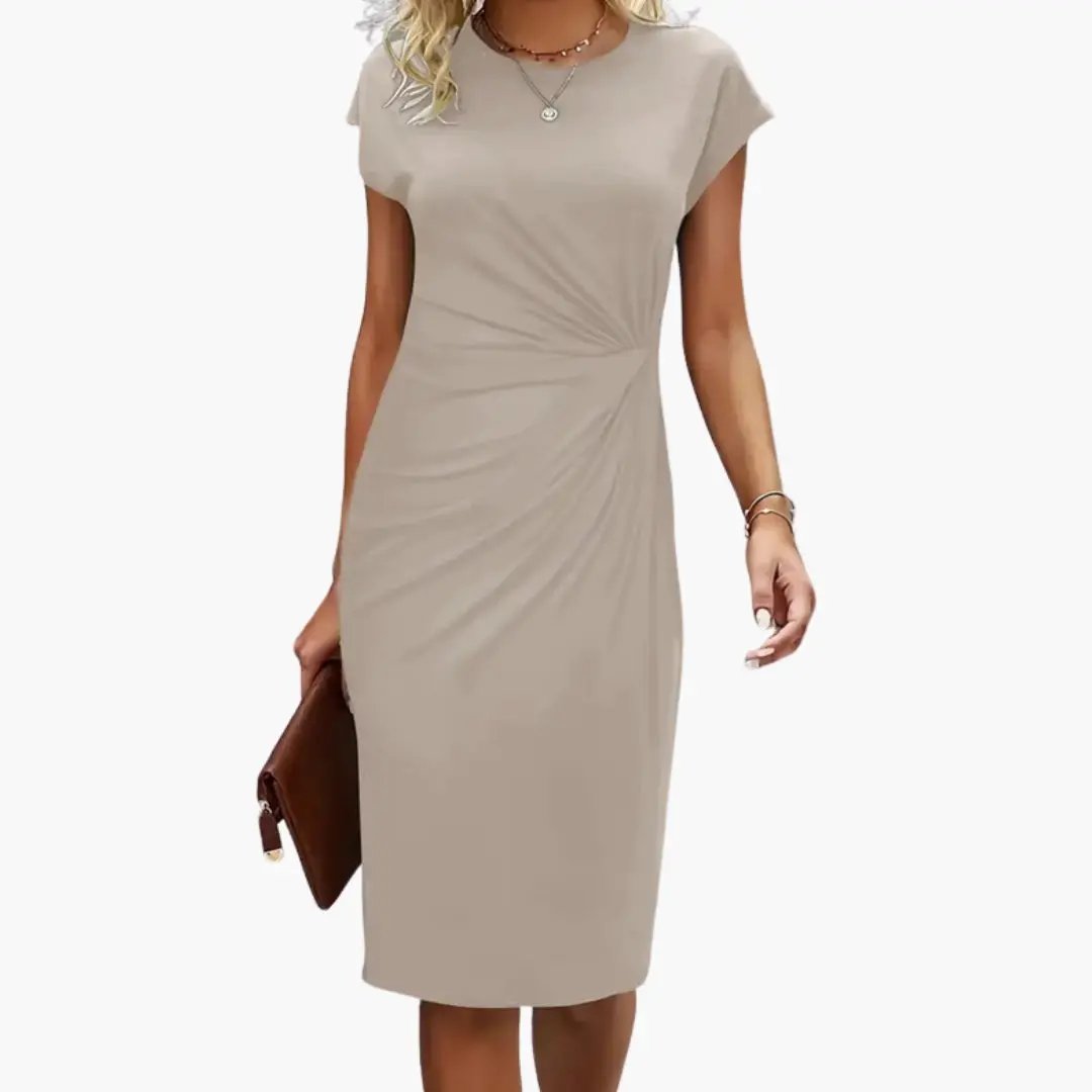Women’s Midi Dress with Round Neckline and Waist Seam