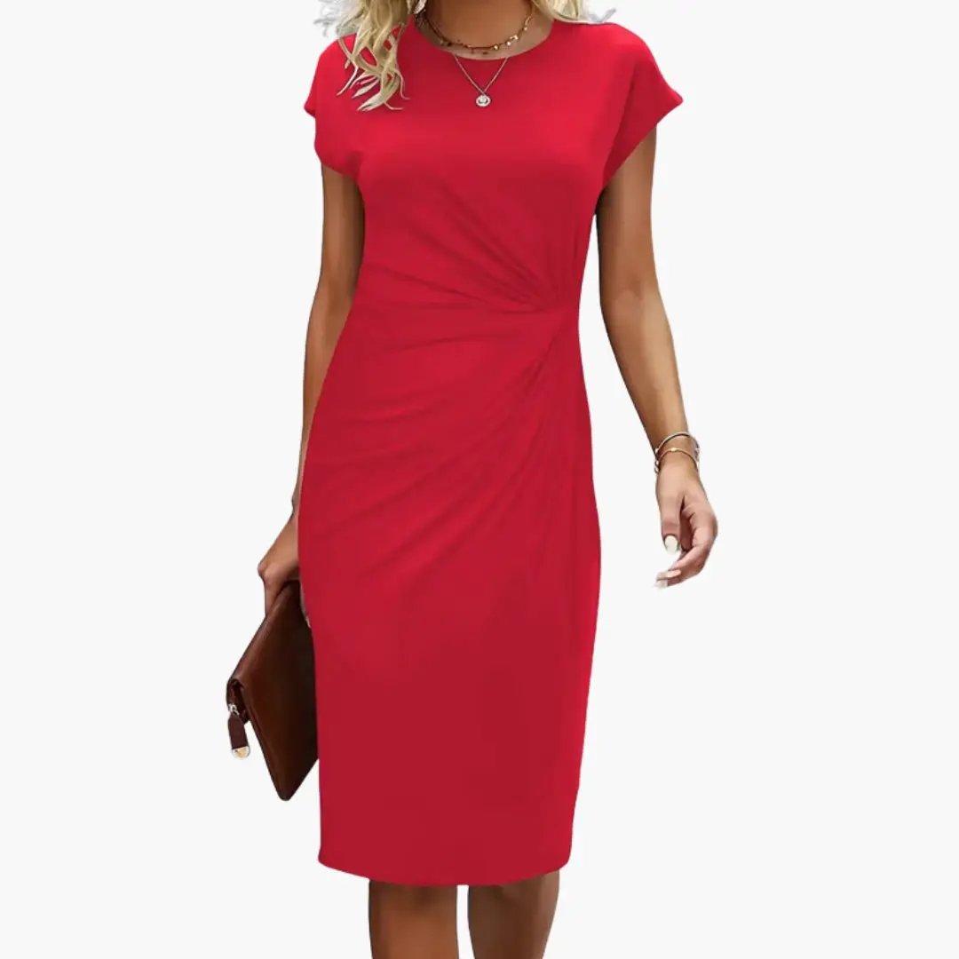 Women’s Midi Dress with Round Neckline and Waist Seam