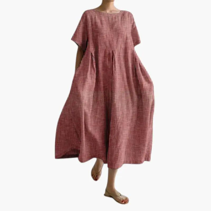 Women's Midi Dress with Short Sleeve Design and Side Pockets