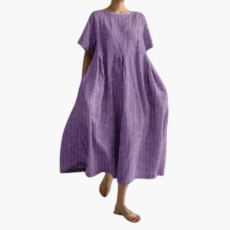 Women's Midi Dress with Short Sleeve Design and Side Pockets