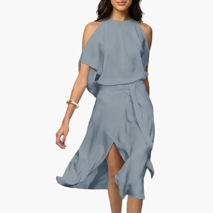 Women’s Midi Dress with Shoulder Cutouts and Halter Neck