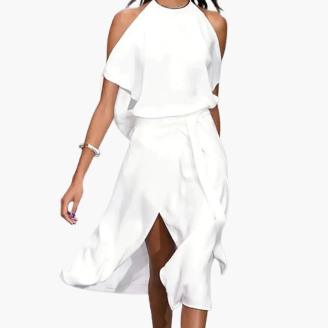 Women’s Midi Dress with Shoulder Cutouts and Halter Neck