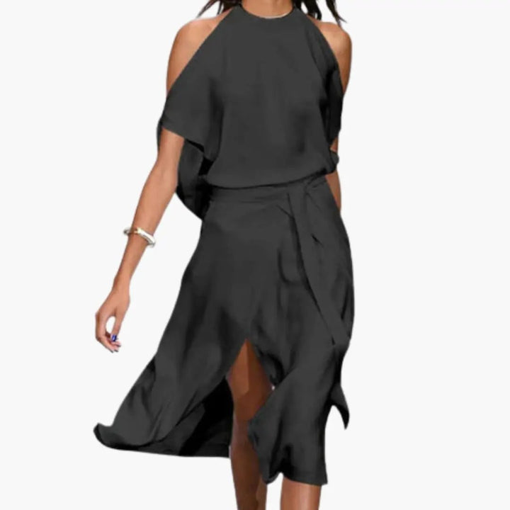 Women’s Midi Dress with Shoulder Cutouts and Halter Neck
