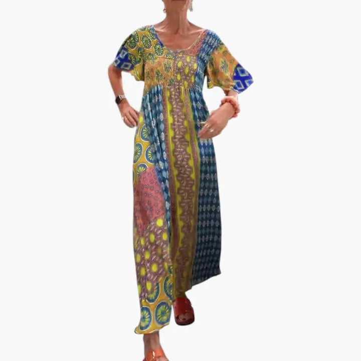 Women's Midi Dress with V Neckline and Short Sleeves