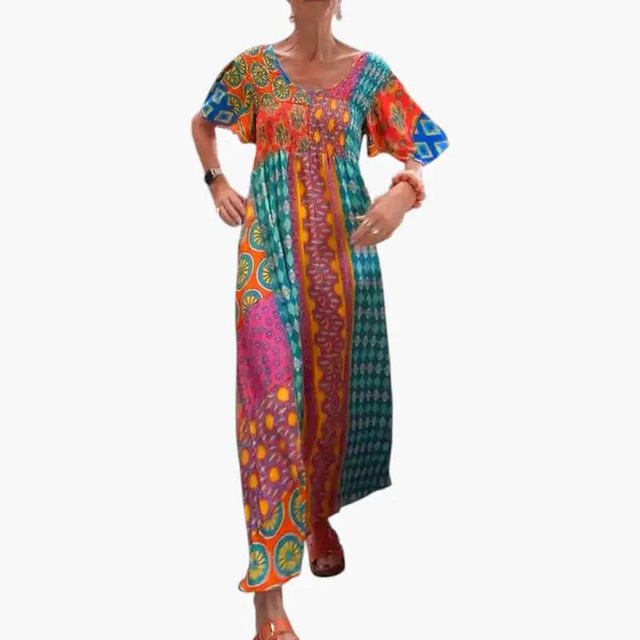 Women's Midi Dress with V Neckline and Short Sleeves