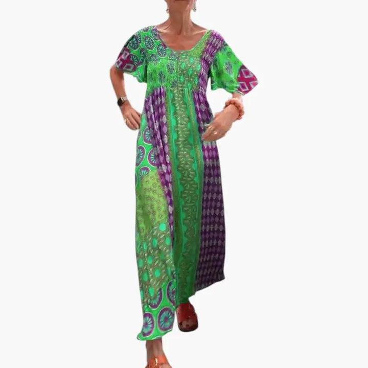 Women's Midi Dress with V Neckline and Short Sleeves
