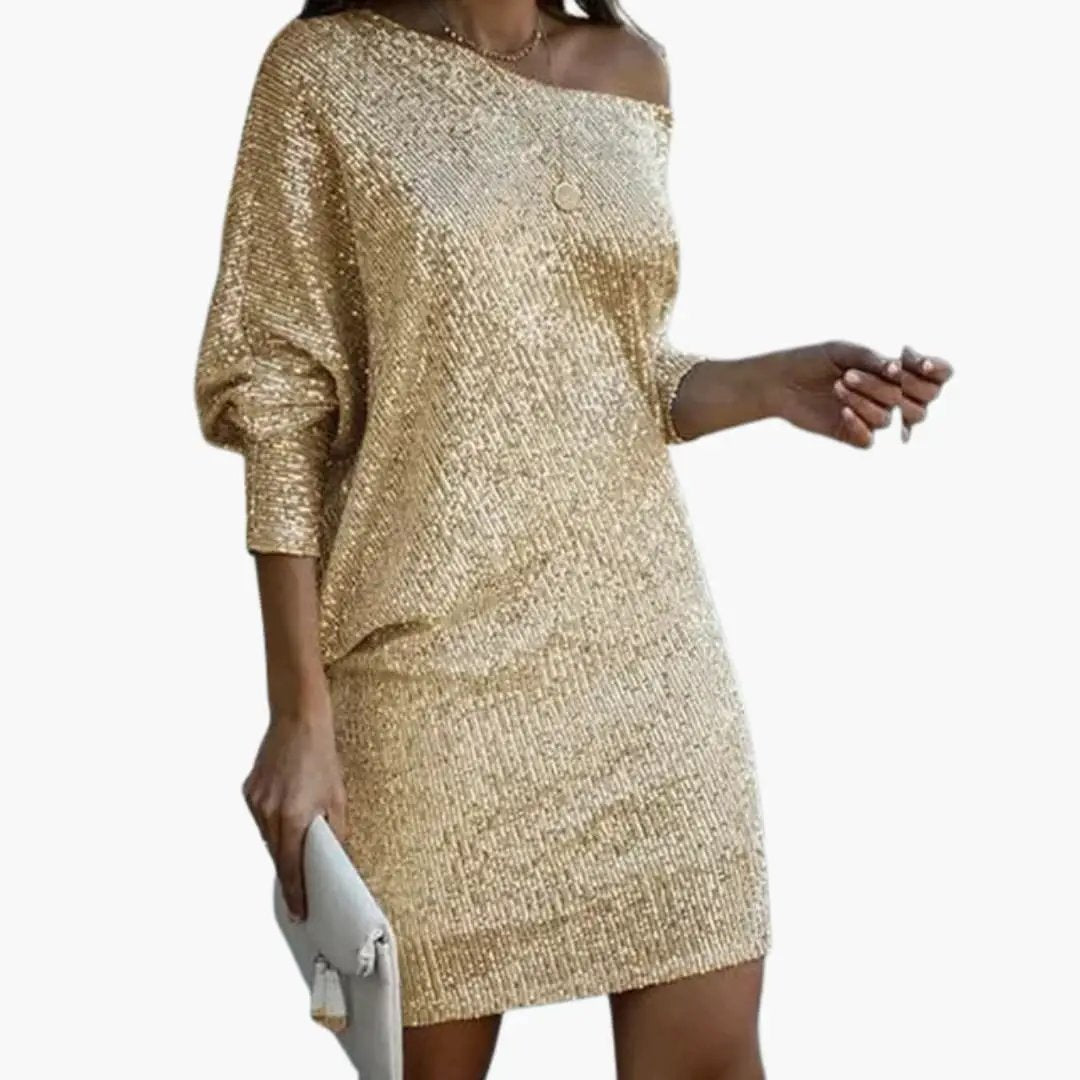 Women’s Mini Dress with Off-the-Shoulder Neckline and Sequin Surface
