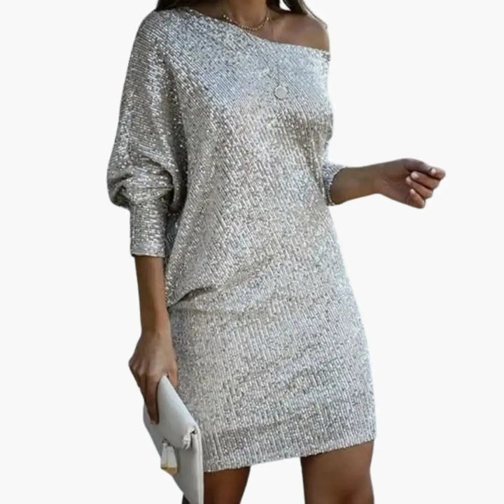 Women’s Mini Dress with Off-the-Shoulder Neckline and Sequin Surface