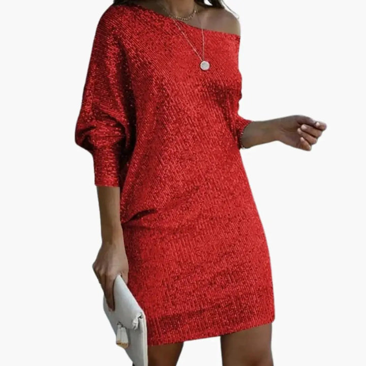 Women’s Mini Dress with Off-the-Shoulder Neckline and Sequin Surface