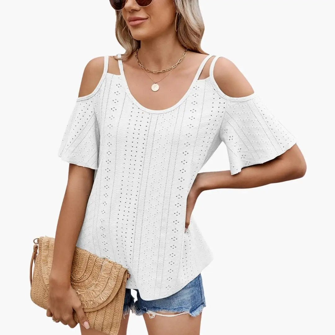 Women’s Off-Shoulder V-Neck Short Sleeve Spliced T-Shirt