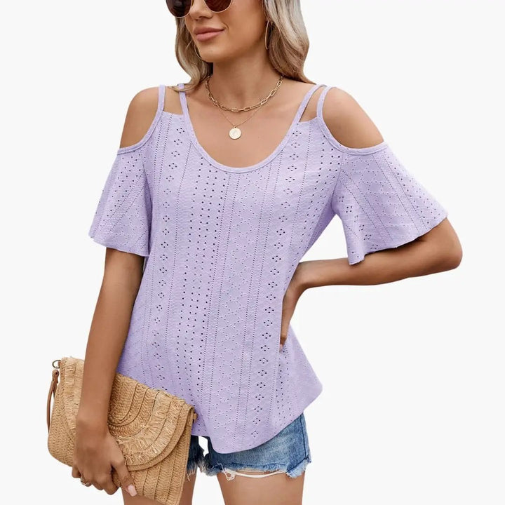 Women’s Off-Shoulder V-Neck Short Sleeve Spliced T-Shirt