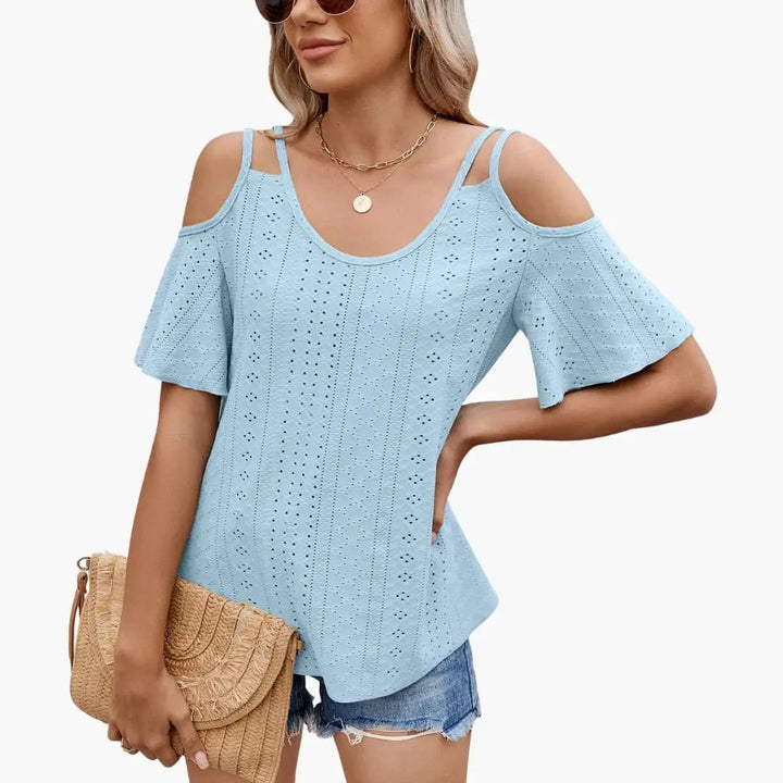 Women’s Off-Shoulder V-Neck Short Sleeve Spliced T-Shirt